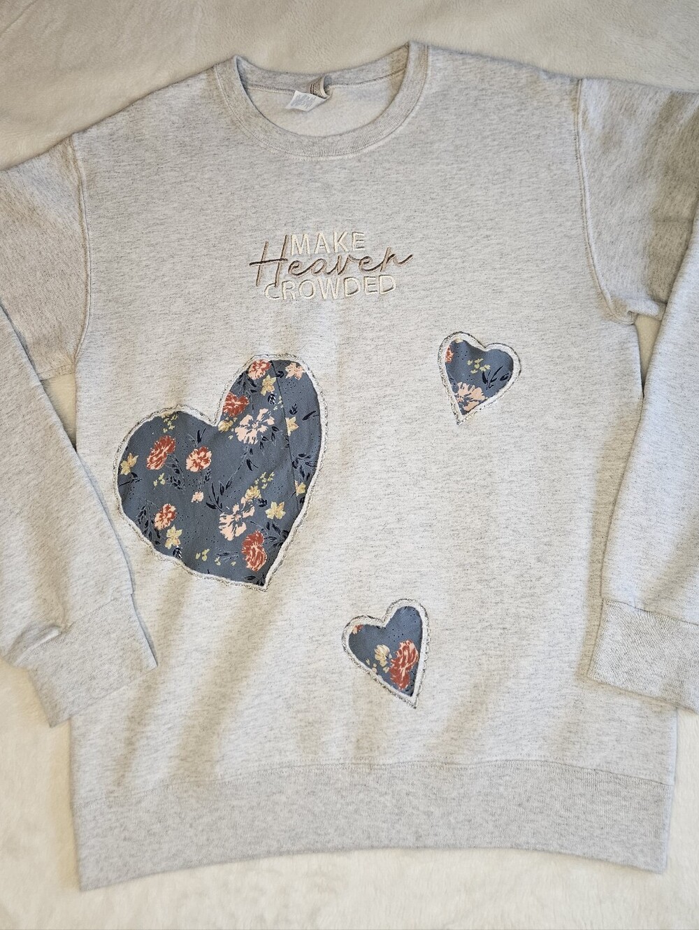 Upcycled Heather Gray Crew Neck with Floral Cut Out Hearts